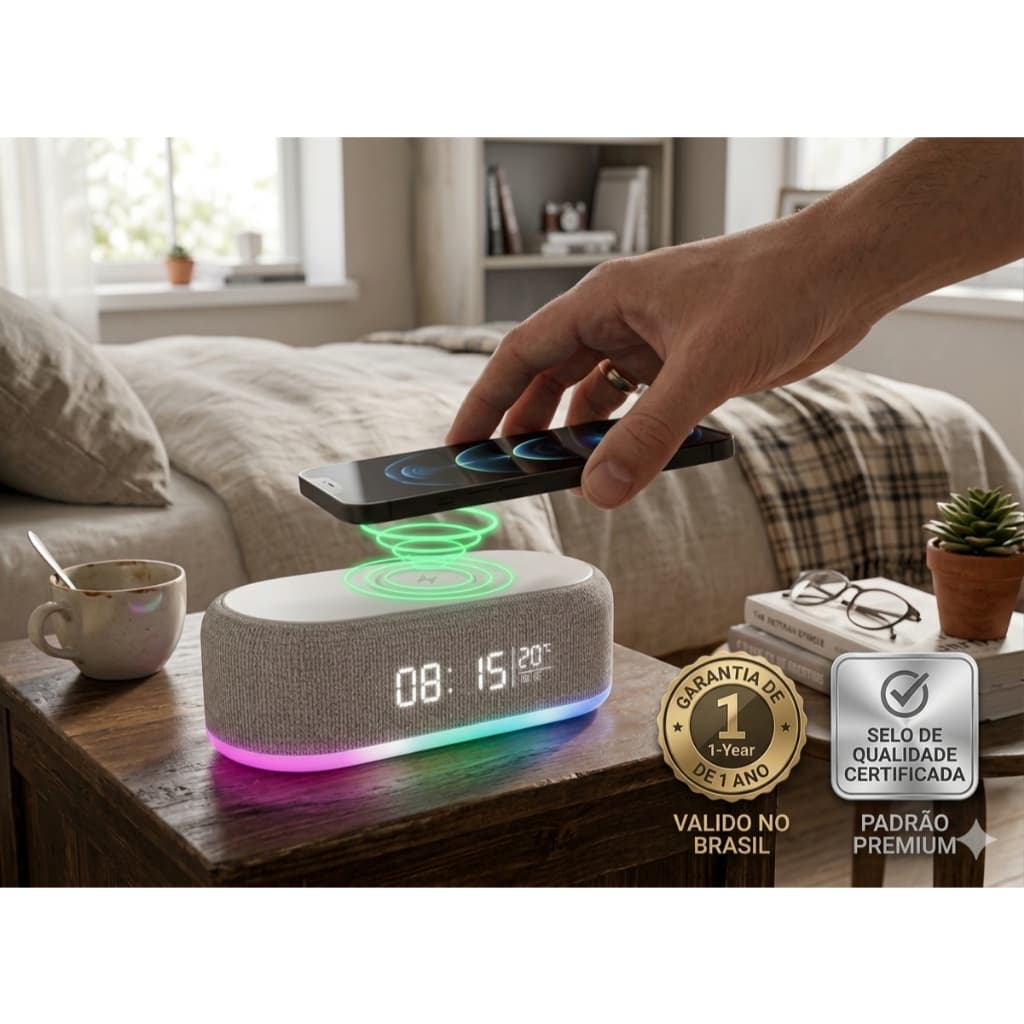 Caixa de som portátil - Caixa de som bluetooth sem fio -Caixa de som com despertador - Luminária carrega por indução