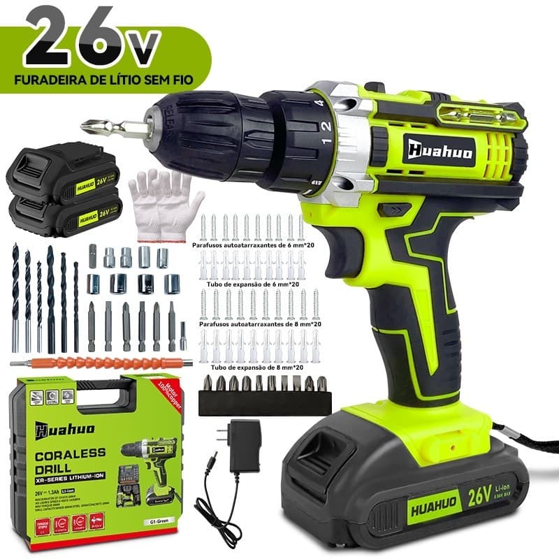 Parafusadeira Furadeira 26V 2 Baterias Sem Fio Impacto Com Maleta Completo Broca Bits Maleta Vonder (110V/220V)