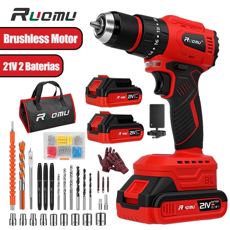 Parafusadeira a bateria Brushless 21V 2 Baterias 120N.M Elétrico furadeira parafusadeira