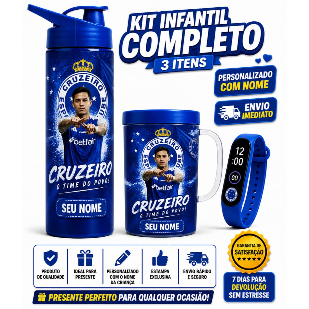 Cruzeiro Garrafa Copo e Relógio Digital Infantil - Presente aniversário Natal Com nome da Criança