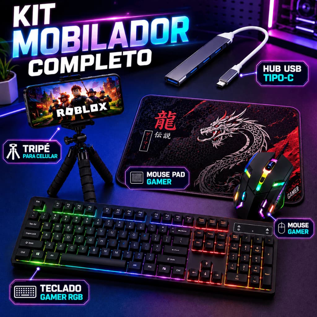 Kit Mobilador Gamer Celular OTG One Hand Com Teclado RGB Mouse Gamer Led Mouse Pad Hub USB C Tripé