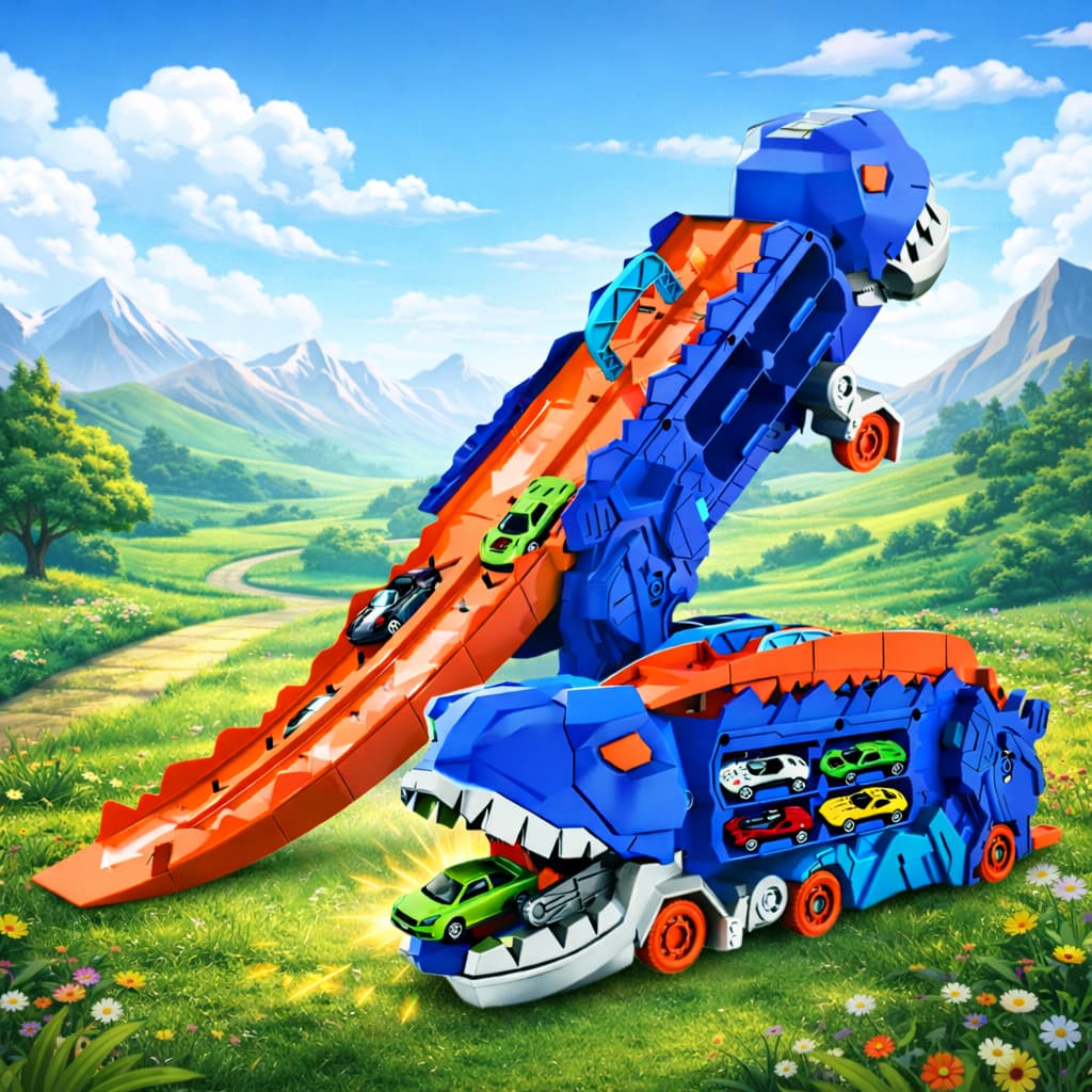 Caminhão Pista Dinossauro Devorador Azul 6 Carrinhos 3 Em 1