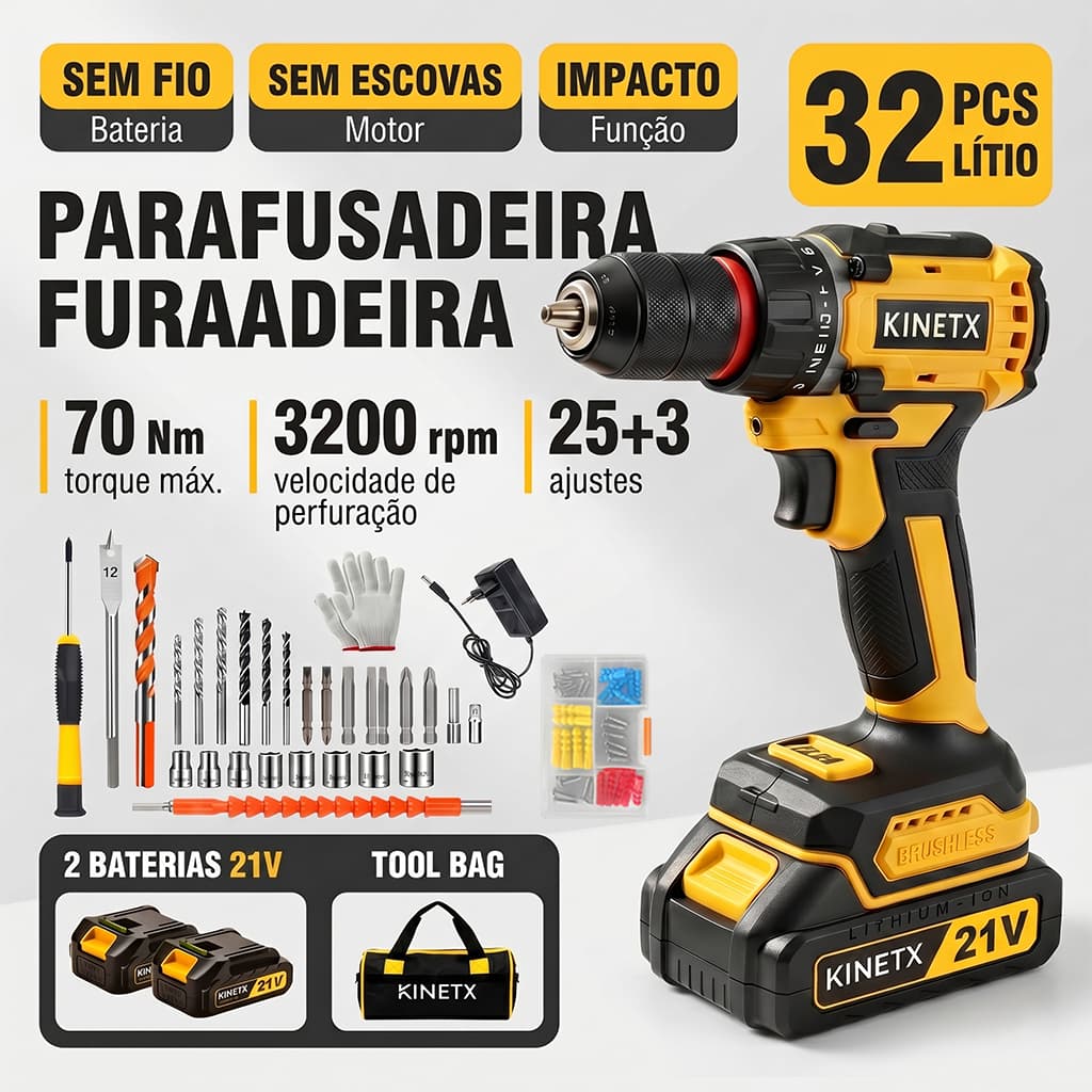 Kit Furadeira Parafusadeira Impacto Sem Fio 2 Baterias Brushless LED Sem Fio Profissional Bivolt Alta Potencia