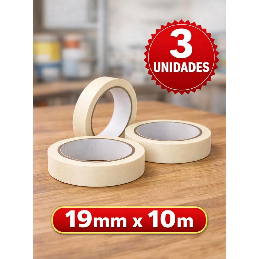 Fita Crepe 19mm x 10 m - Pintura Automotiva e Proteção, Uso Geral Alta Aderência - Kit com 3 rolos