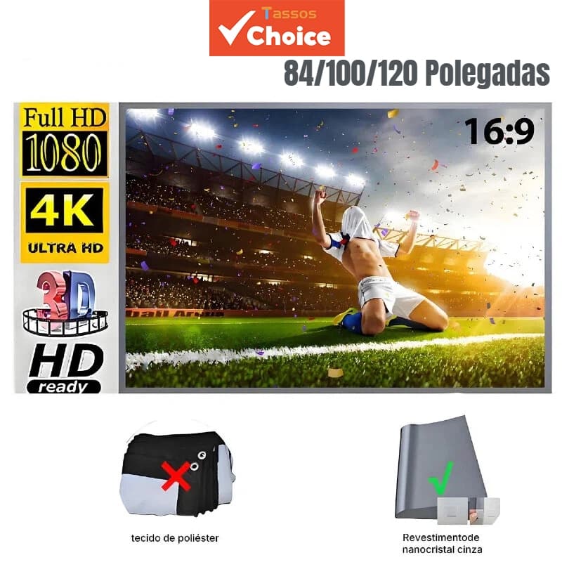 TASSOS Tela De Projeção 84/100/120 Polegadas 4K Full HD 16:9 Cinza Anti-luz,lavável e portátil