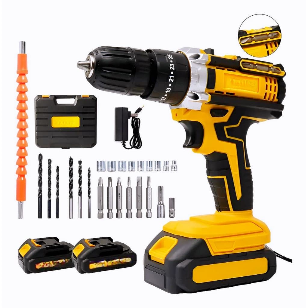 Conjunto de Furadeira/Parafusadeira de Impacto/Chave De Impacto Sem Fio Completo com Acessórios PRO Azul/amarelo