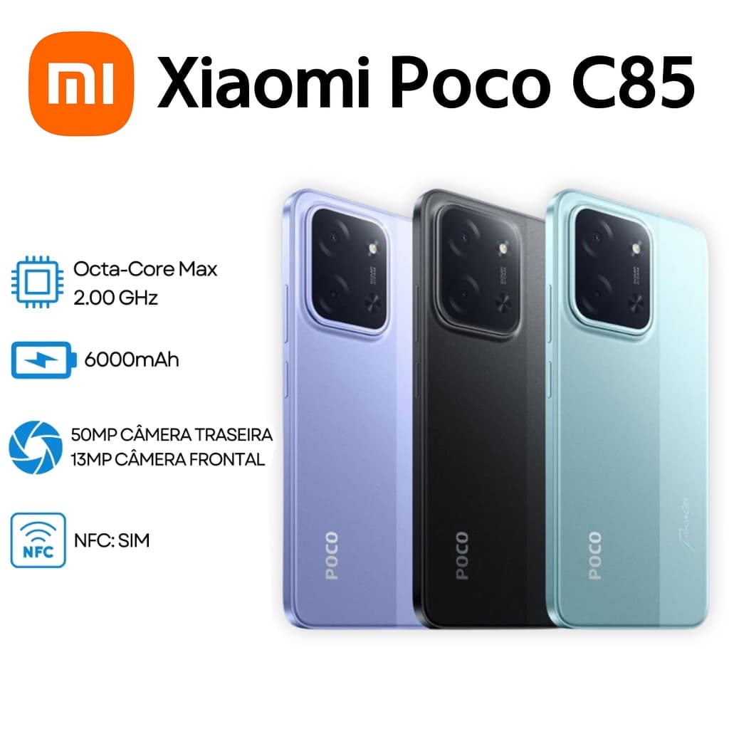 Smartphone Xiaomi POCO C85 256GB Versão Global NFC Dual Sim Câmera 50MP Bateria 6000mAh NOVO Celular