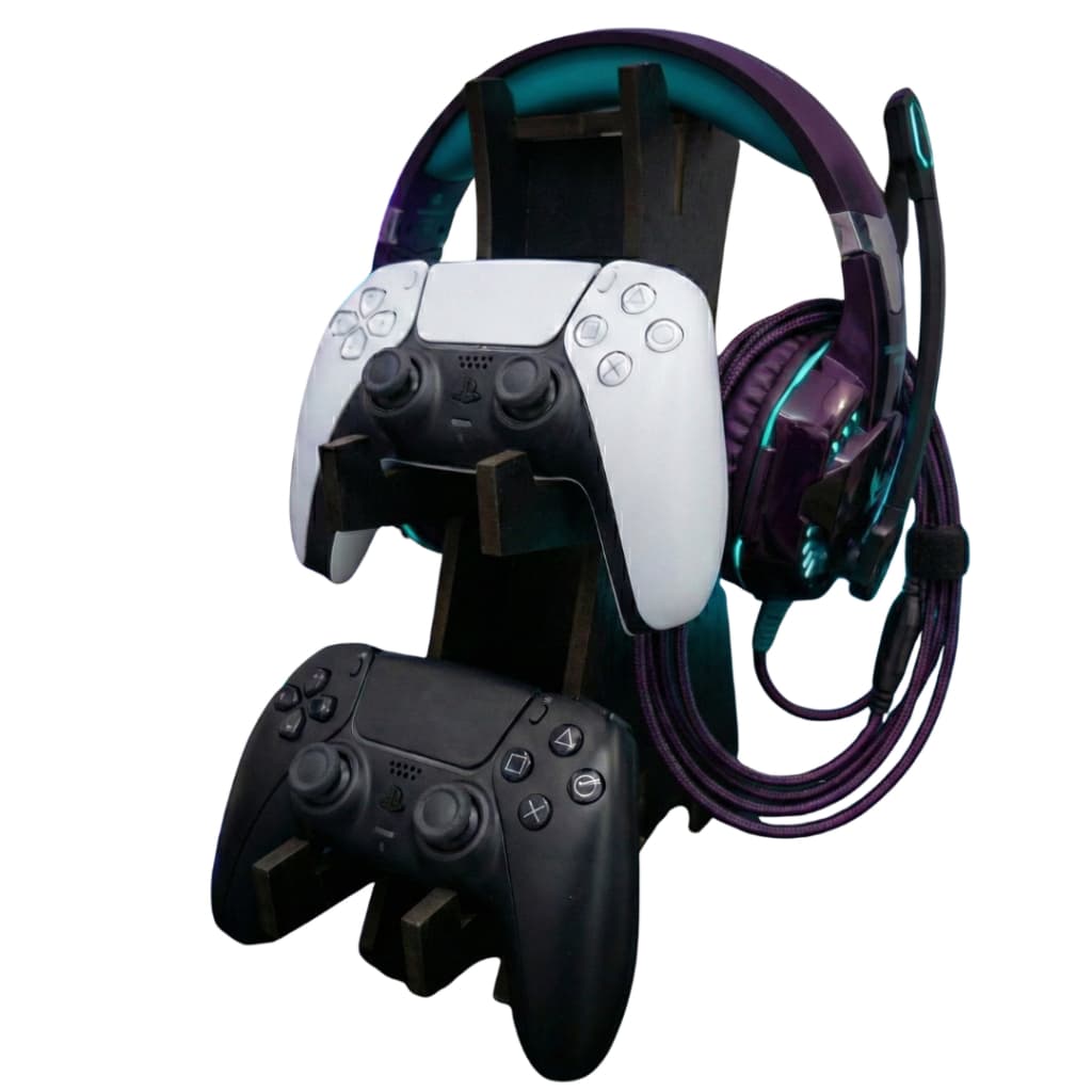 Suporte Gamer de Mesa para 2 Controles PS5 Xbox PS4 e Headset Organizador Setup