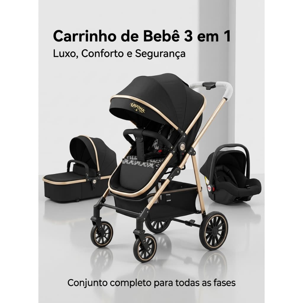 Carrinho De Bebê 3 Em 1 Premium Luxo Moisés + Bebê Conforto Completo Reclinável Rodas Com Amortecedor Kit Enxoval Segura