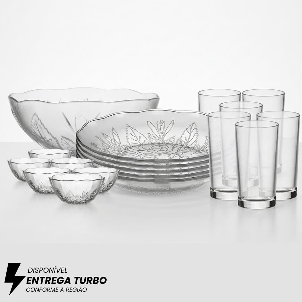 Aparelho de Jantar 19 Peças Pratos Copos Tigelas Saladeira Vidro Elegante Completo Mesa Posta