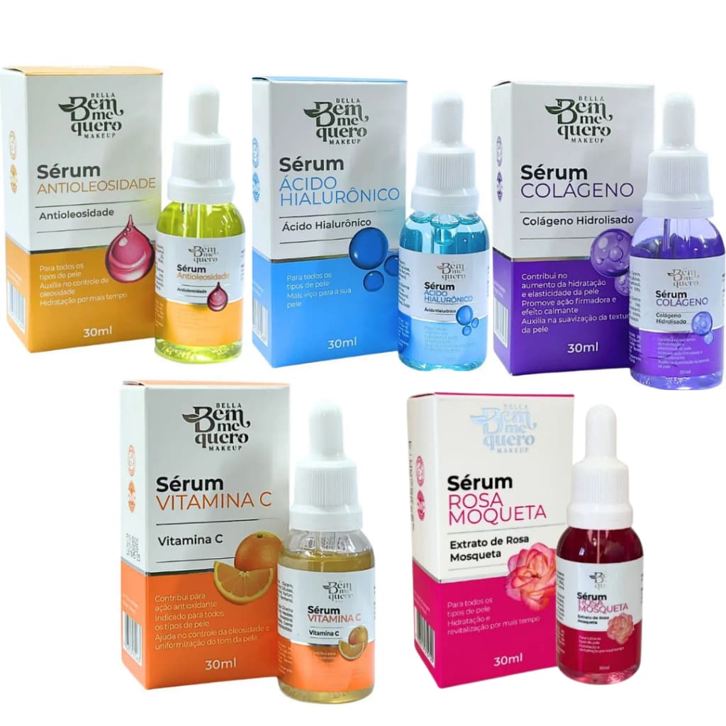 Kit SkinCare  - Sérum Vitamina C + Sérum Ácido Hialurônico + Sérum Rosa Mosqueta + Sérum Antioleosidade + Sérum Colágeno
