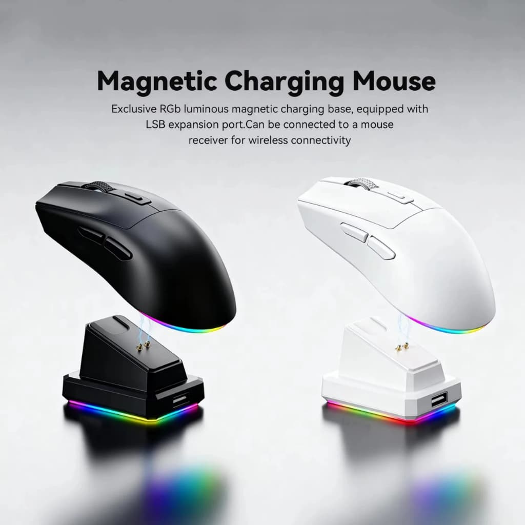 Mouse Gamer Sem Fio Base Dock Carregamento Magnética RGB Tri-Mode Bluetooth 5.2 / 2.4G / Cabo
