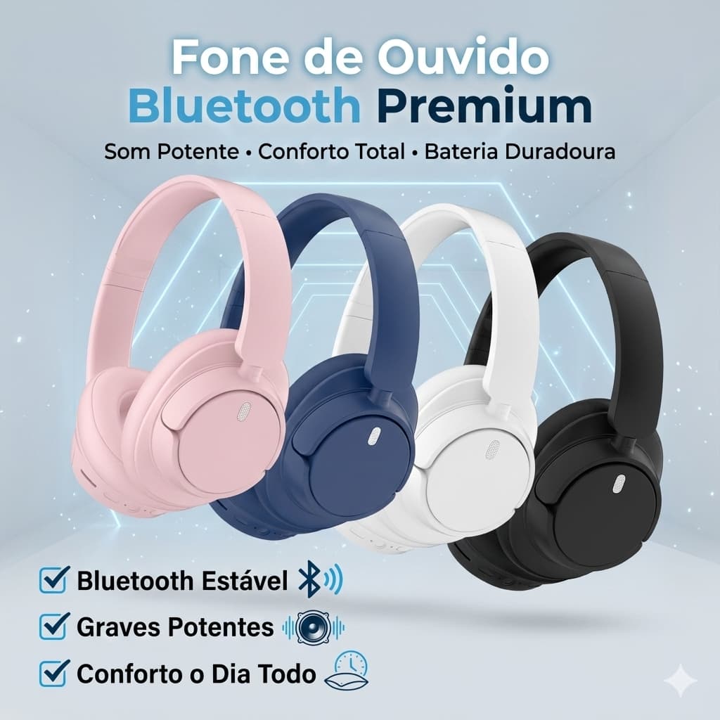 Fone de Ouvido Bluetooth Sem Fio Over-Ear Som Estéreo Potente Headphone Confortável com Microfone
