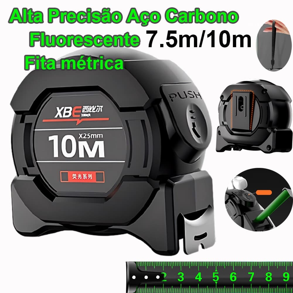 Fita Métrica Fluorescente Aço Carbono 10M/7.5m Autotravante- Trena Precisão c/Trava p/ Construção/Reforma