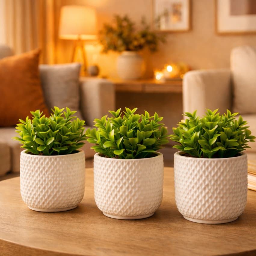 Vaso Planta Artificial- Kit até 6 Unidades Sem ou Com Plantas Artificiais- Mesa, Estante, Rack, Nicho