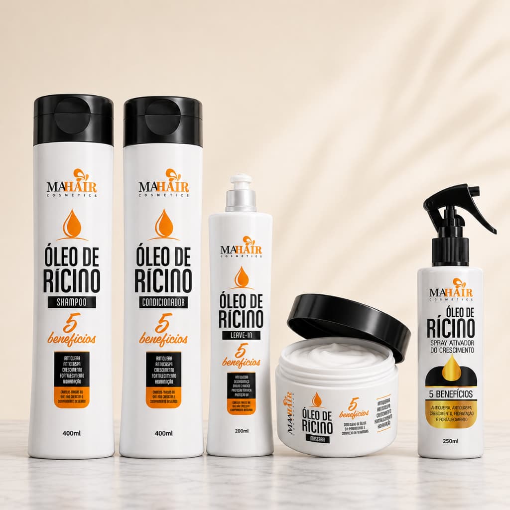 Kit Shampoo Condicionador Máscara Capilar Creme de Pentear e Spray Óleo de Rícino Mahair Promoção !