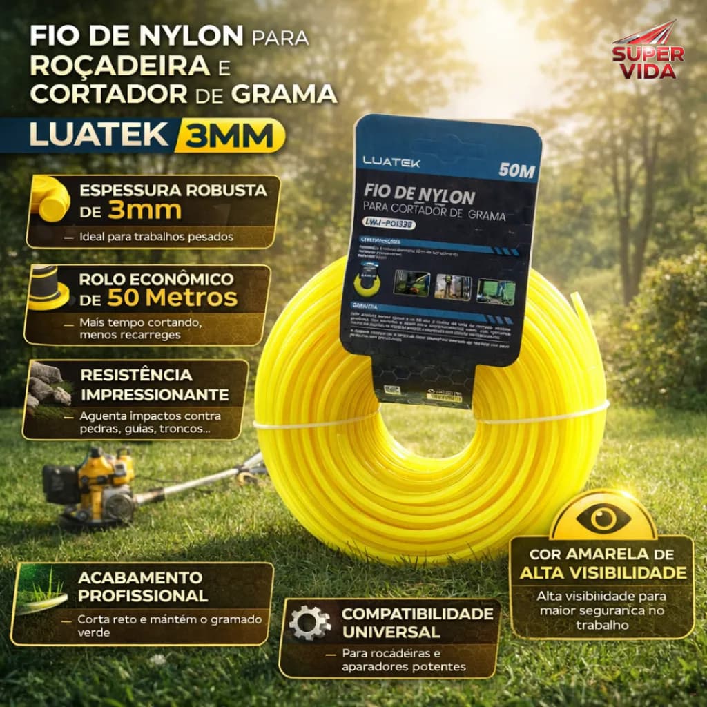 Fio De Nylon  Arredondado Luatek 2.4/3.0MM 15/50M Para Cortador De Grama