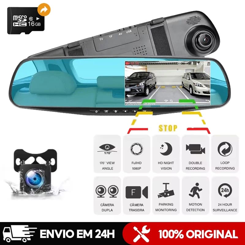 Câmera Traço Para Carro 4.5 polegadas Retrovisor Automotivo com Tela e Câmera de Ré Lente Vidro 1080p com 16G TF