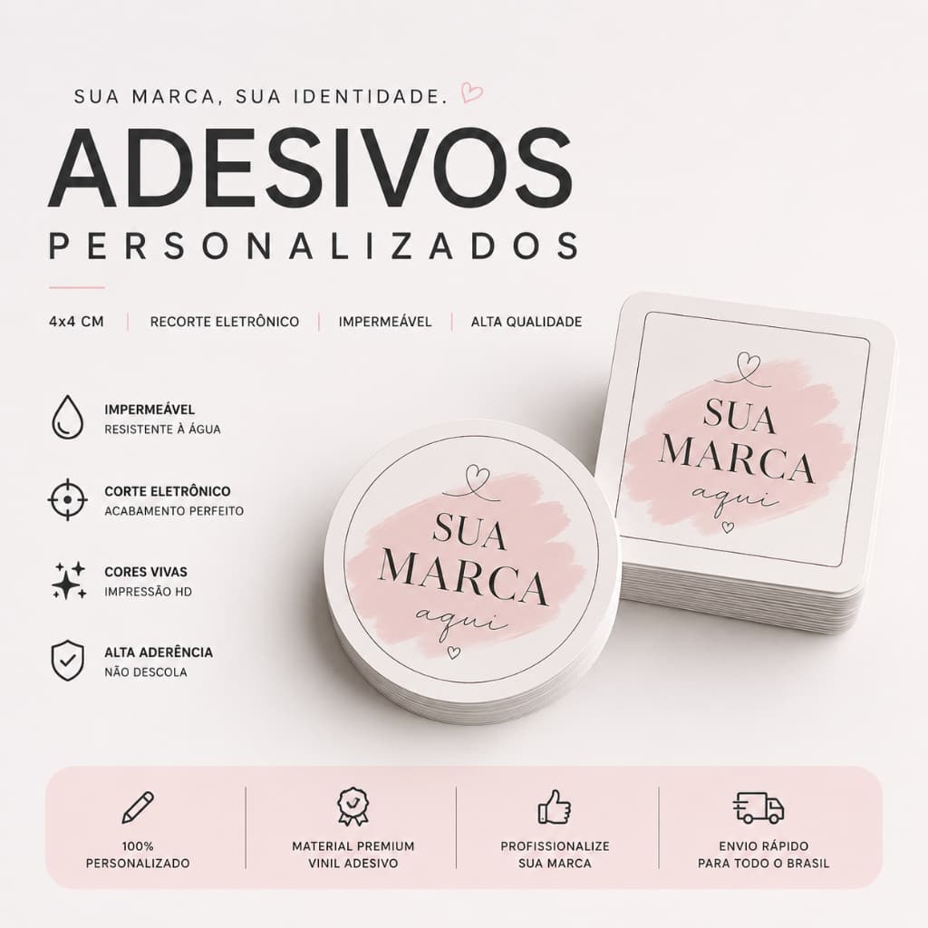 ADESIVO PERSONALIZADO 4x4 CM | RECORTE ELETRÔNICO | IMPERMEÁVEL | LOGO DA SUA MARCA