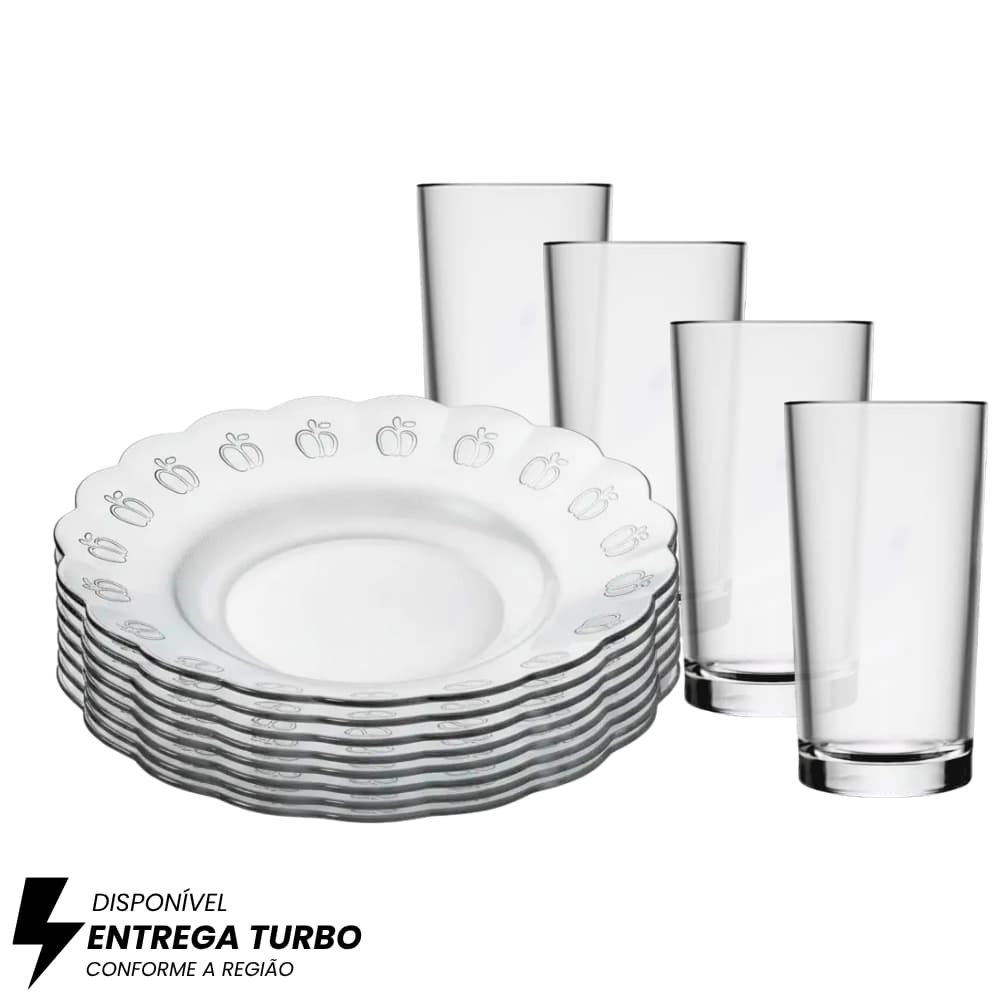 Jogo de Pratos Fundos e Copos com 8 Peças – Aparelho de Jantar em Vidro Ideal para Mesa Posta