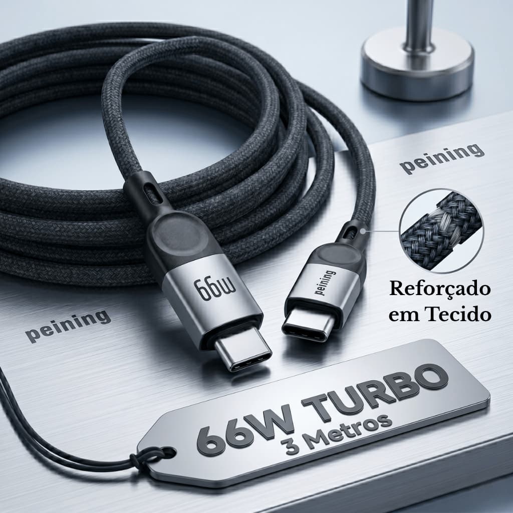 Cabo de Carregamento 3 Metros Turbo 66w Super Reforçado Tipo C Duplo Para Android e Iphone