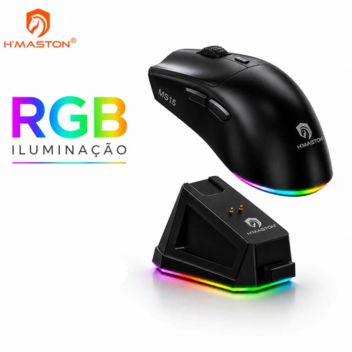 Mouse Gamer RGB Sem Fio H’Maston MS15 Dual Mode Bluetooth 2.4G Recarregável com Base