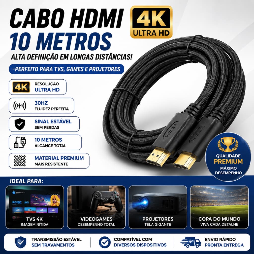 Cabo HDMI 4K 2.0 10m Peining Alta Definição Conector Dourado TV PC Game Notebook Monitor Projetor Cabo Longo Reforçado