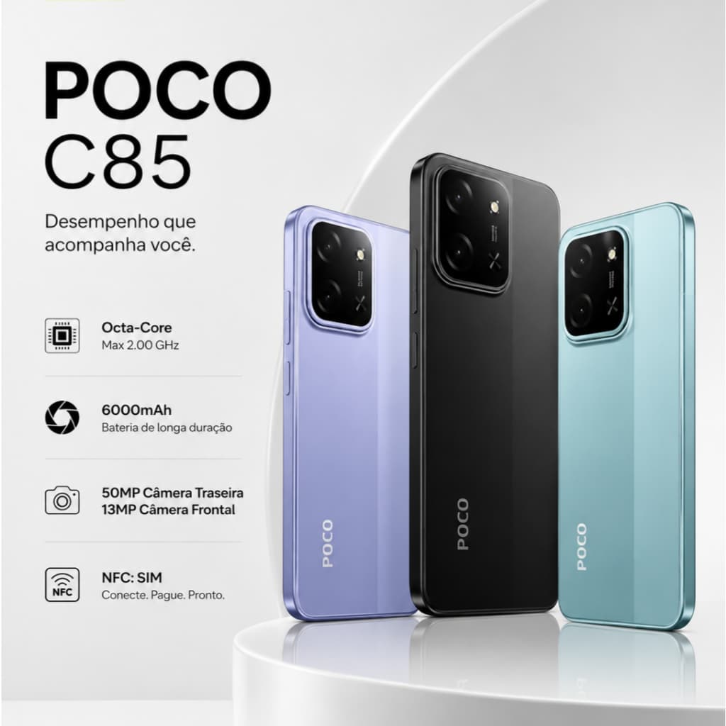 Smartphone Xiaomi POCO C85 4G NFC Tela 6.9" 120Hz Bateria 6000mAh Carga Rápida Dual SIM Celular Original Versão Global