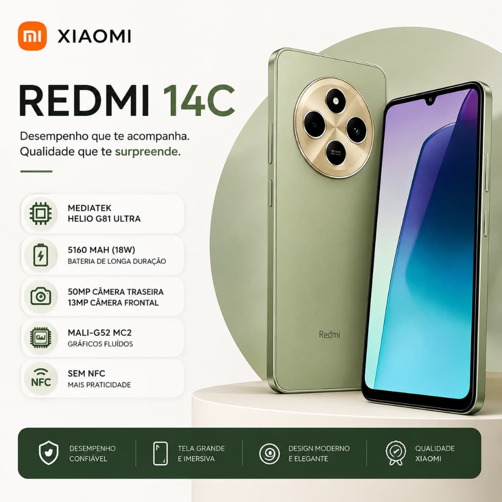 Celular Smartphone Xiaomi Redmi 14C 4/64GB 8/256GB Dual SIM 50MP Câmera Dupla Bateria 5160mAh