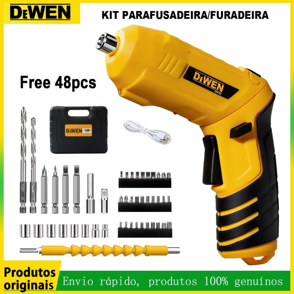 Kit Parafusadeira de impacto 1500mah com Luz Led Kit Parafusadeira Doméstica 48 peças À Bateria USB Recarregável