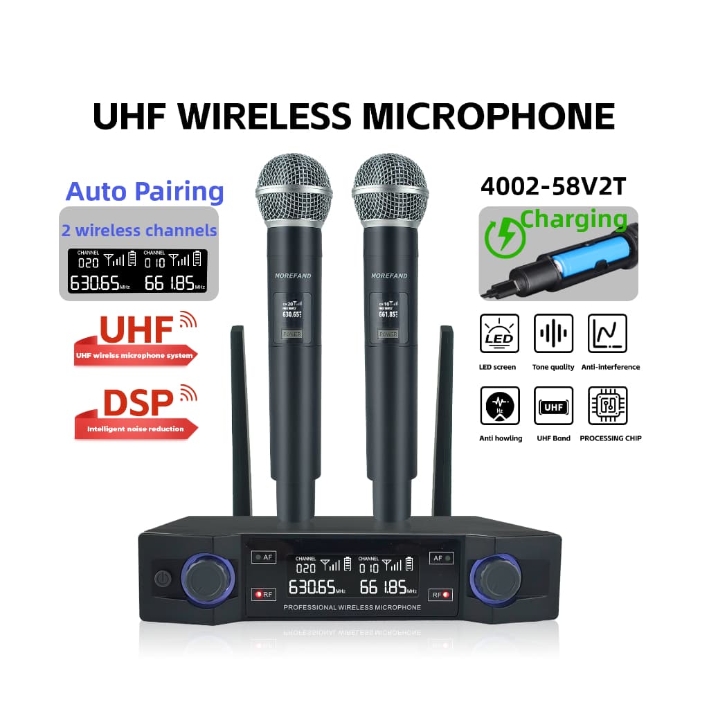 MOREFAND Microfone Sem Fio de 2 canais Microfone UHF portátil duplo Microfone profissional para karaokê