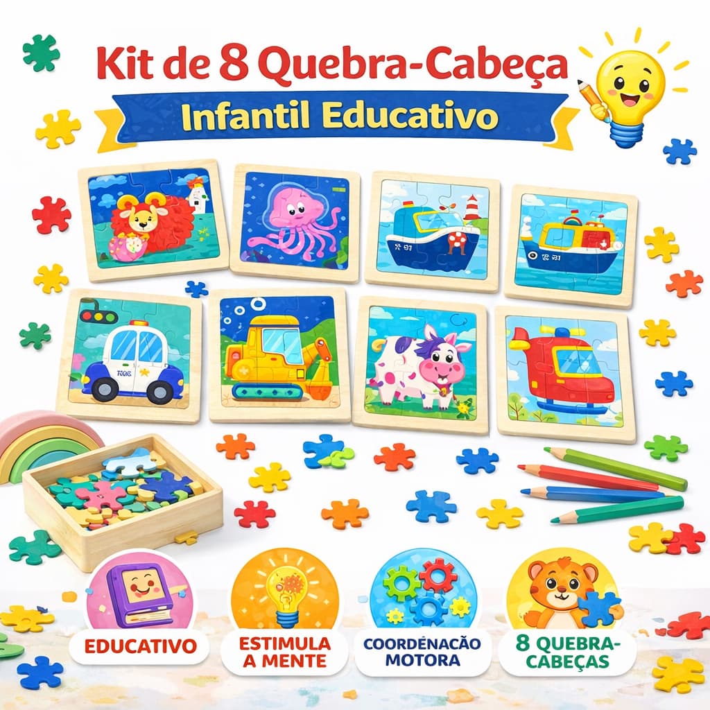 Kit 8 Quebra Cabeça em Mdf 9 Peças Jogo Pedagógico Infantil Lúdico Educativo