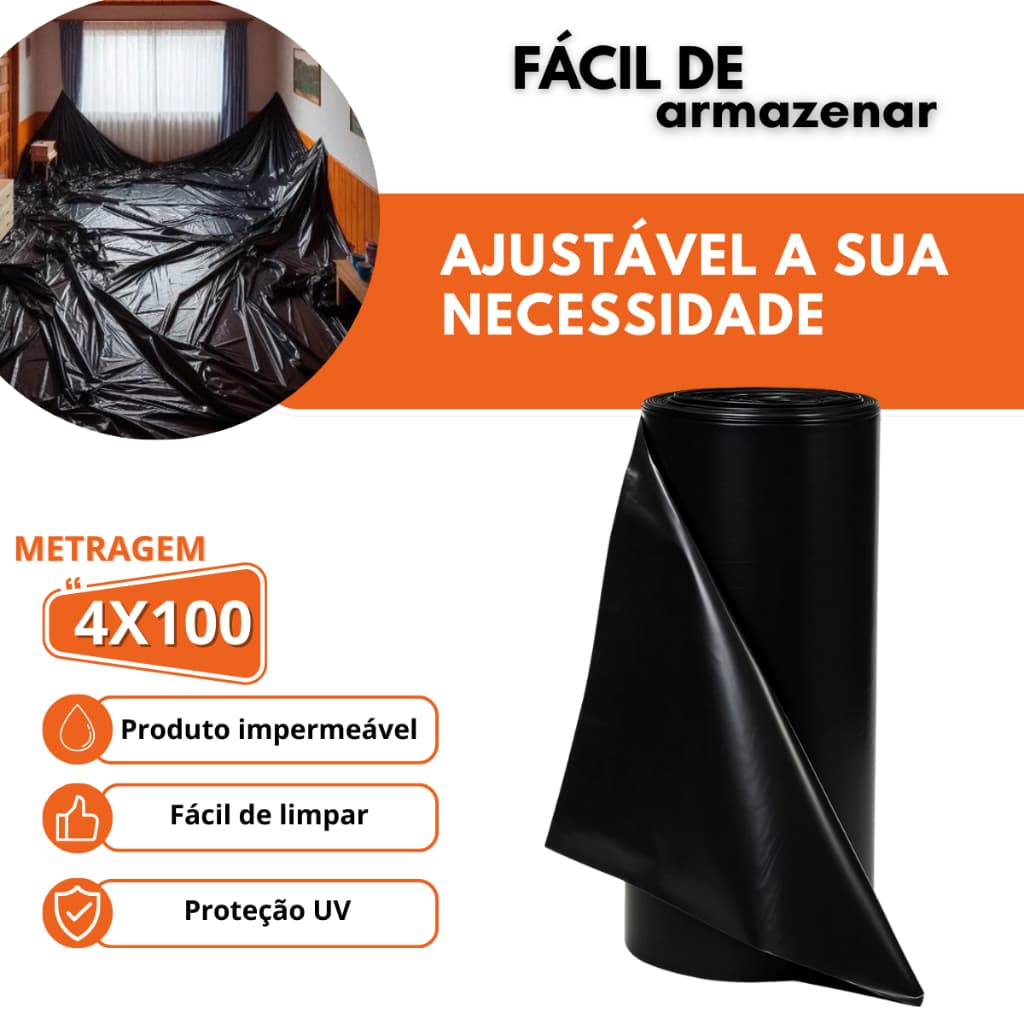 Lona Plástica Preta 4x100 Metros Bobina De 10kg Ou 40 Micras Pintura Construção Reformas