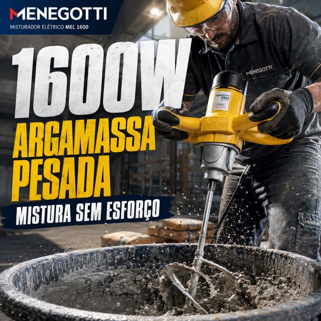 Misturador Elétrico Menegotti MEL1200 ou MEL1600 P/ Argamassa Massa Corrida Gesso Tinta 127V 220V