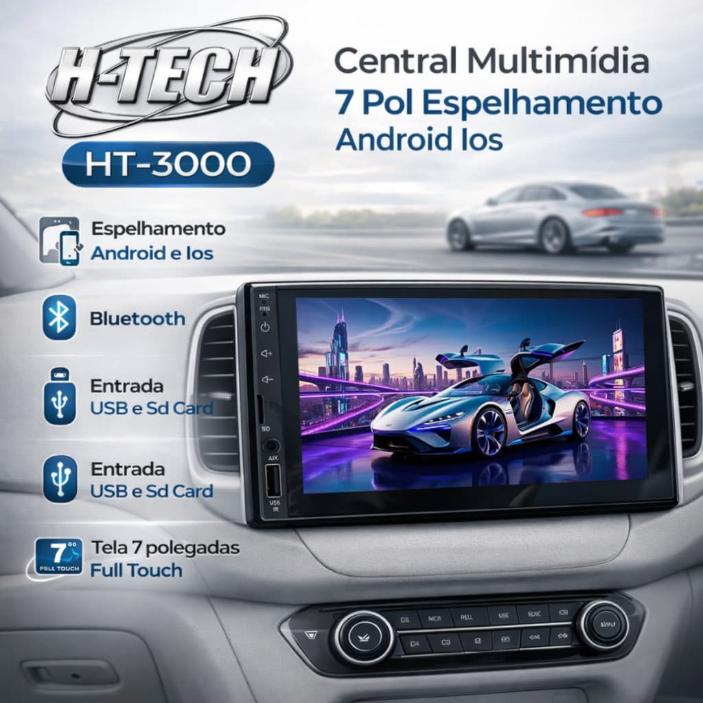 Central Multimidia 7 Pol Espelhamento Android Ios H-Tech HT-3000 2 Din Full Hd Bluetooth Usb Fm Comando Volante
