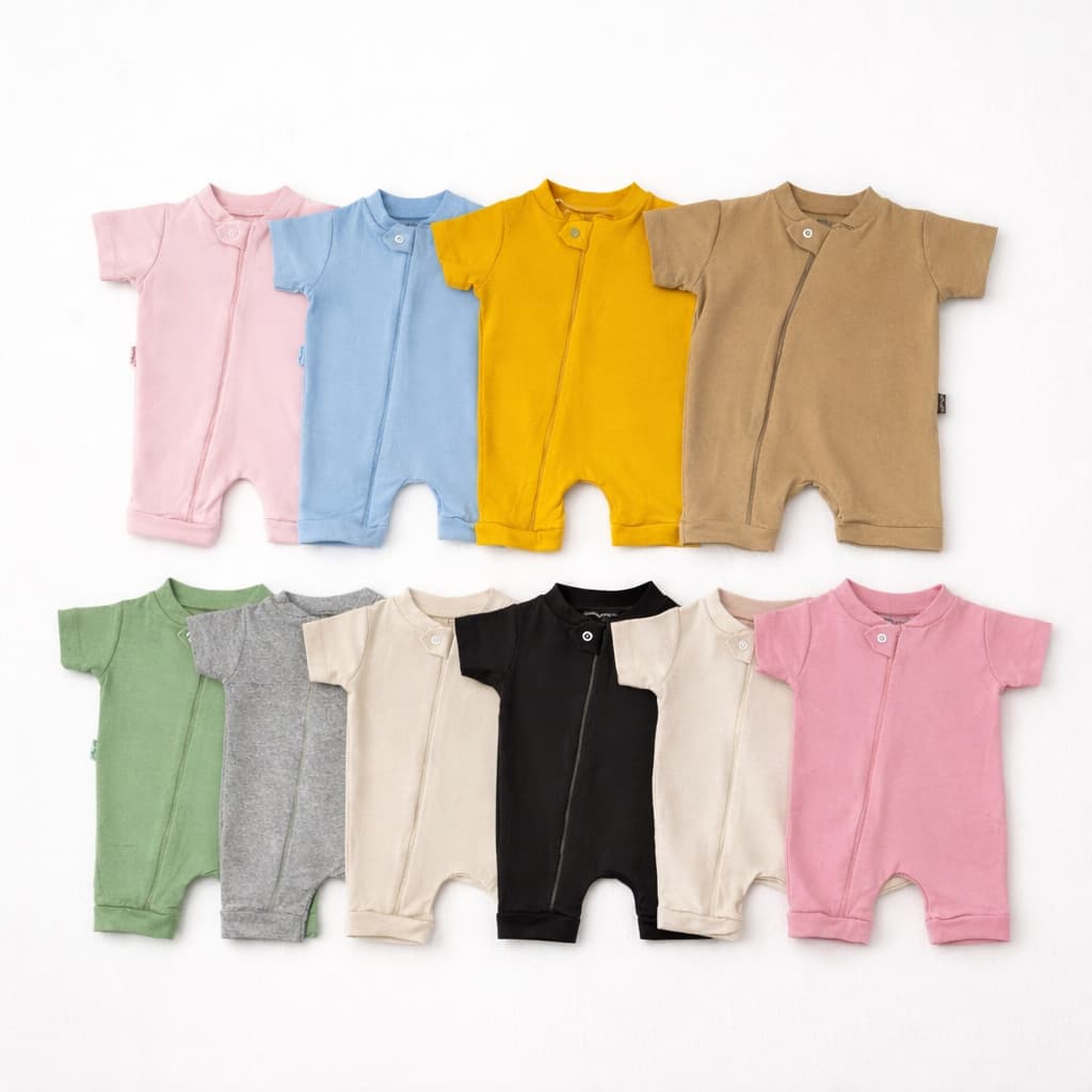 Macacão Curto com Zíper Bebe Romper Suedine 100% Algodão Verão Enxoval de Bebe Macacão de Bebe