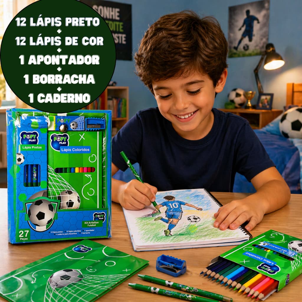 Kit Pintura Infantil 27 Peças Futebol Copa Brasil Desenho Material Escolar Presente Kit de Desenho