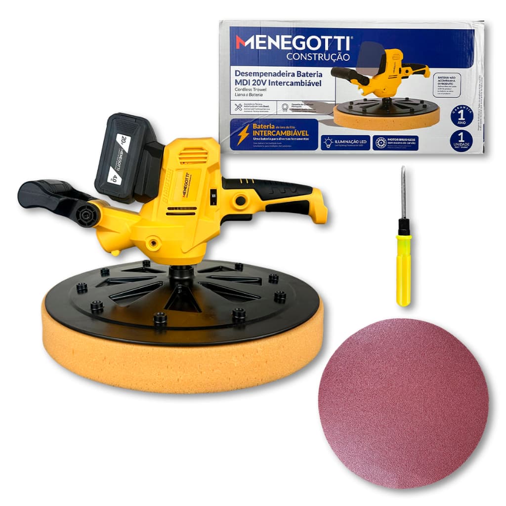 Desempenadeira a Bateria Menegotti MDI 20V 370mm Intercambiável Massa Corrida e Reboco Profissional