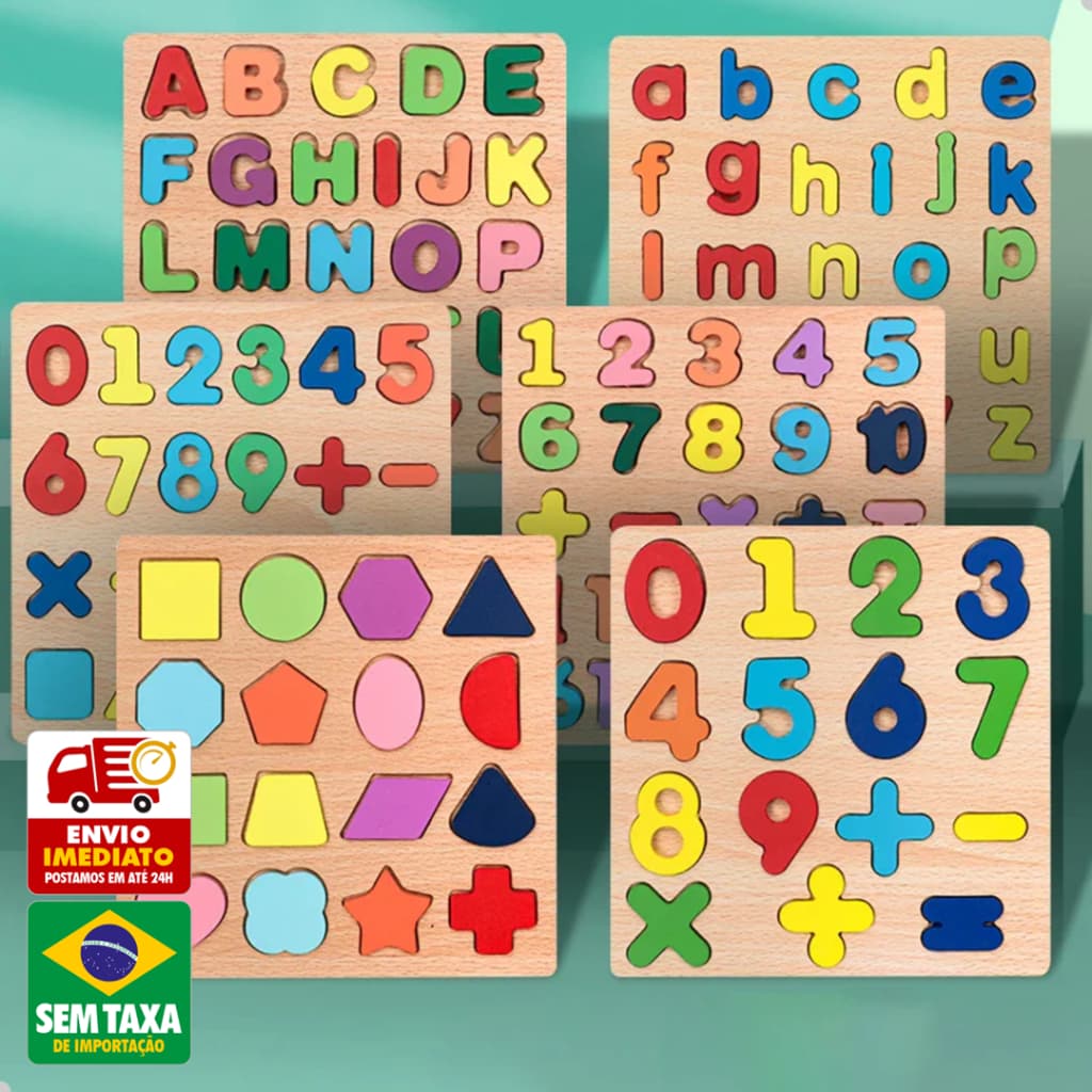 Brinquedo Educativo MDF 20x20 Letras Números Formas Madeira Encaixe Infantil 2 Anos