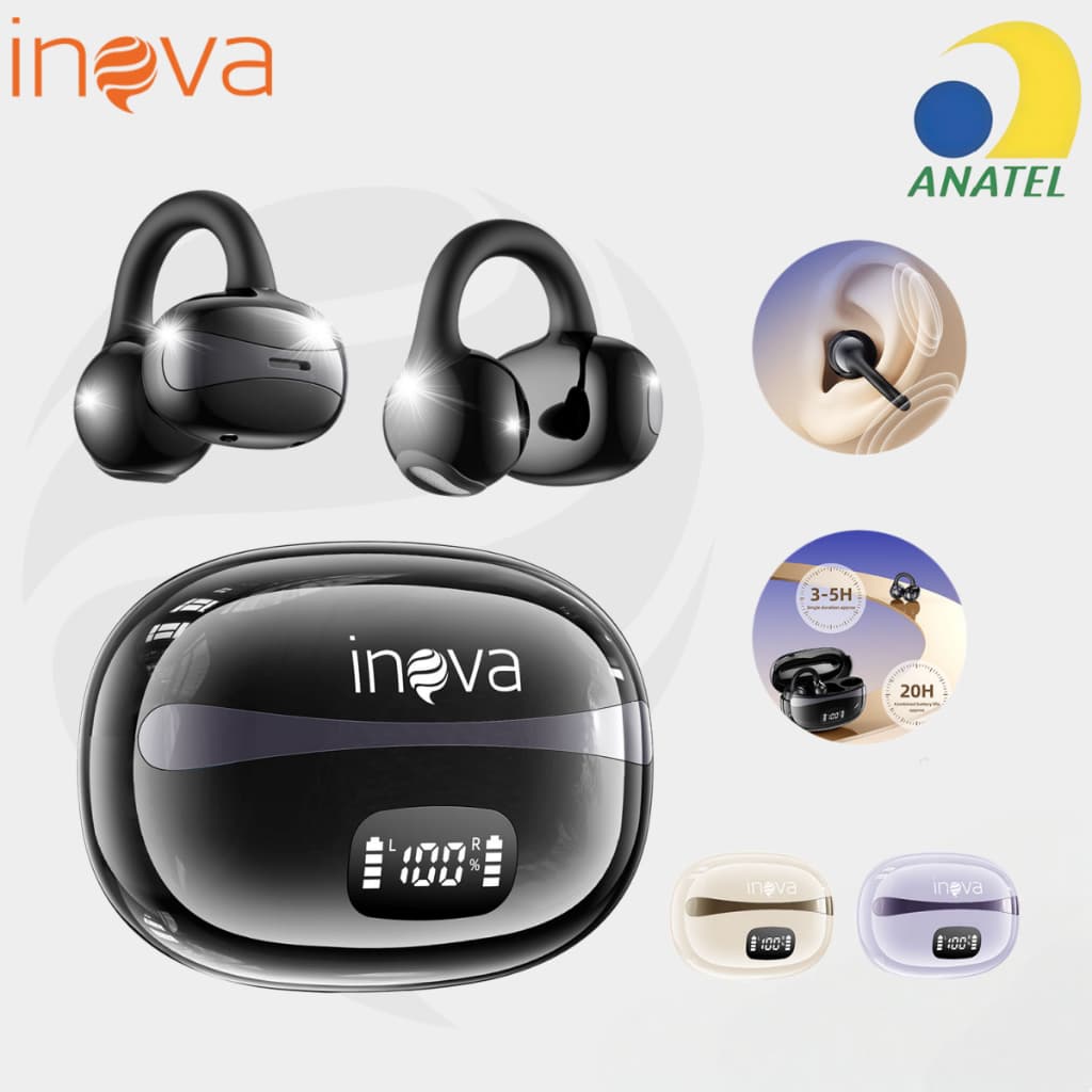 INOVA Fone Bluetooth Clip Ear Sem Fio com Microfone | Cancelamento de Ruído, Esportes e Jogos