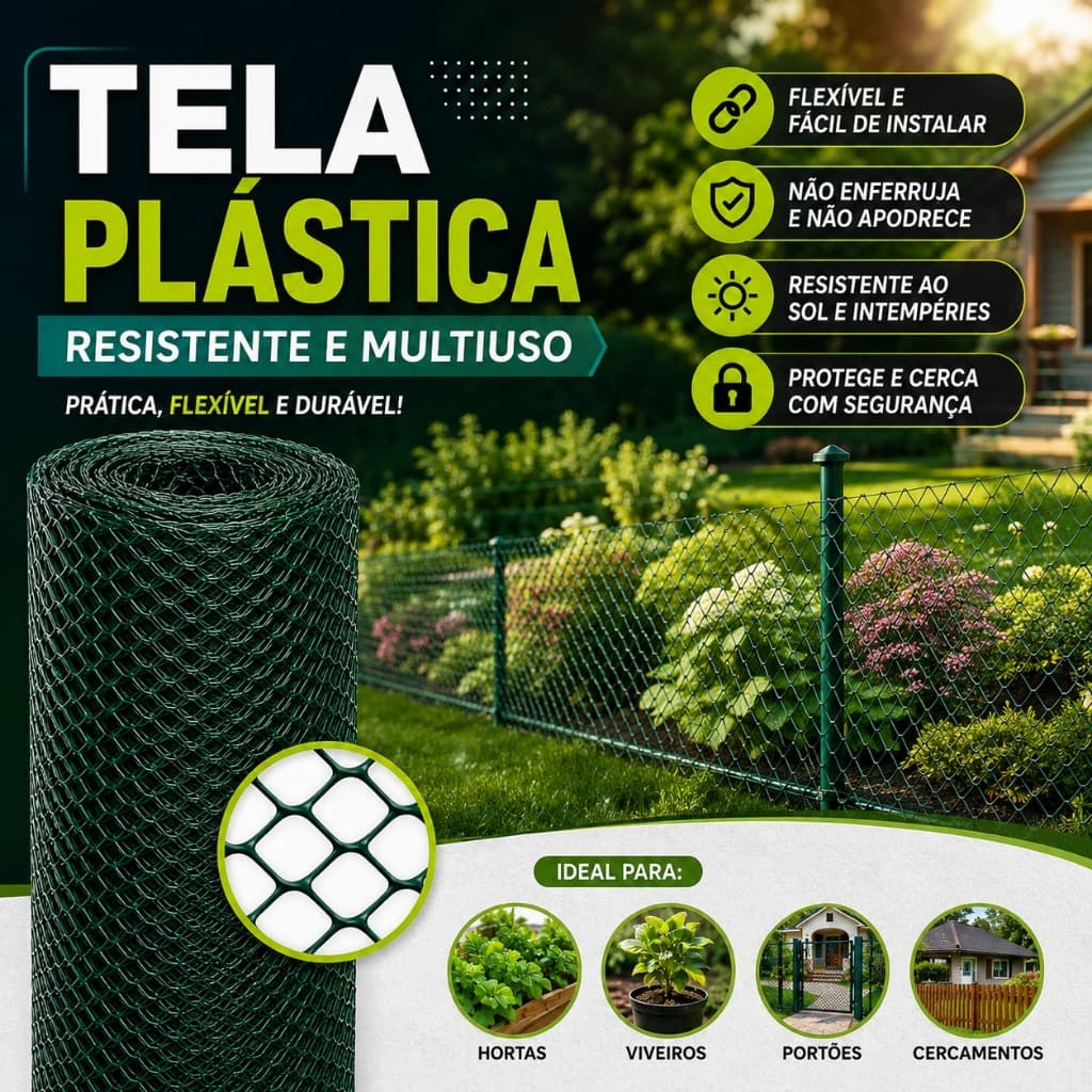 Tela Plástica Multiuso Reforçada Trama 1,5 Metro X 5 / 10 / 15 Metros Horta, Galinheiro, Jardim, animais e Obras