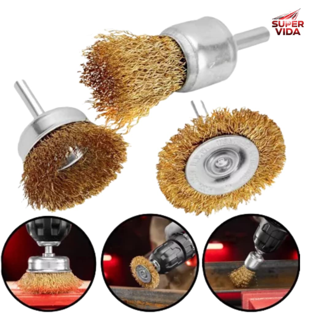 Jogo de Escova com 3 Peças 1 plana 50mm 2 copos 25 e 50mm para Furadeira Remover Ferrugem