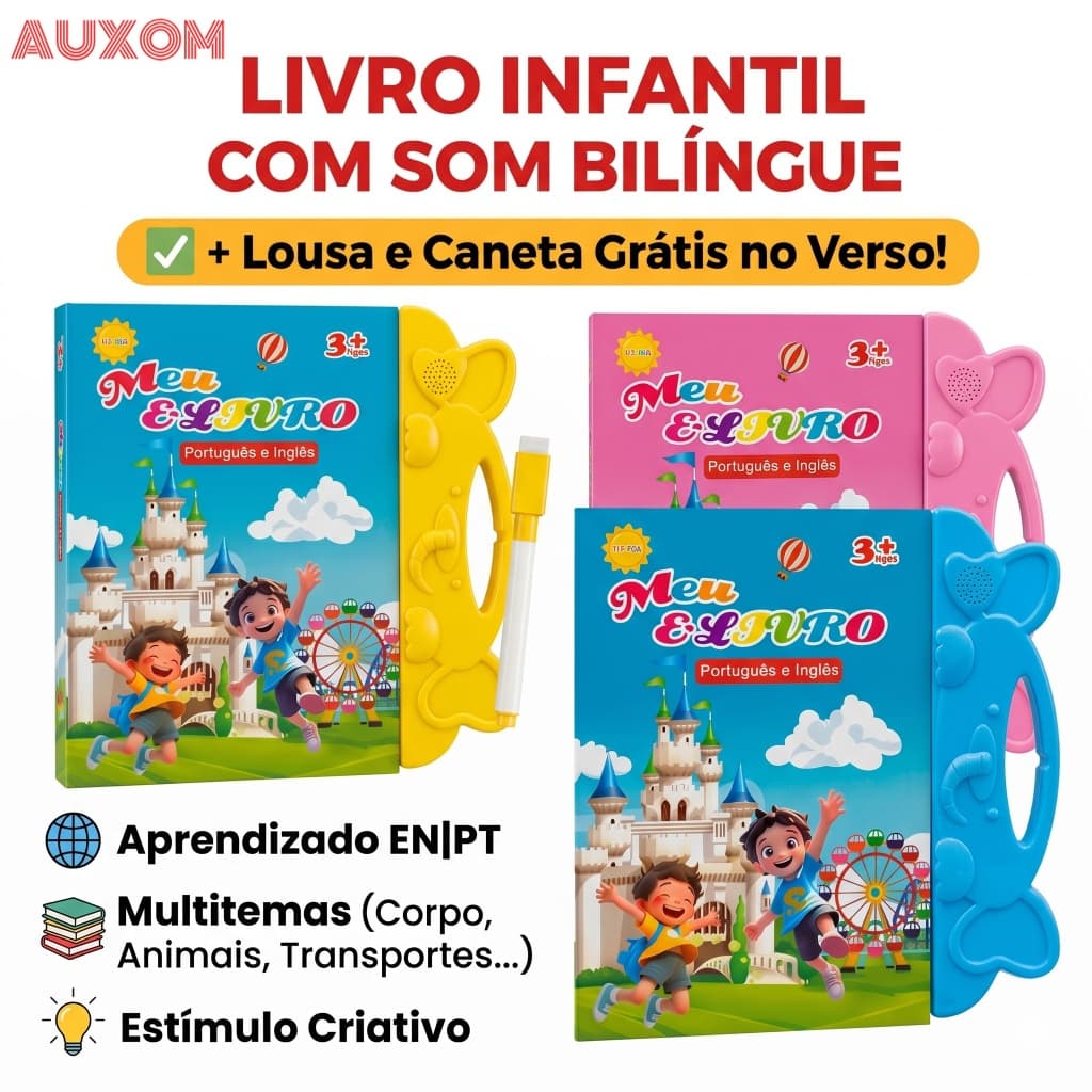 AUXOM Livro Interativo com Som Infantil Bilíngue Português Inglês Multi Temas Toque Educativo Aprendizagem