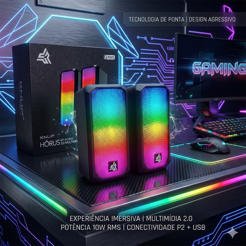 CAIXA DE SOM PC GAMER COMPUTADOR KNUP HÓRUS R0850 – MULTIMÍDIA 2.0 | LED COLORIDO | 10W RMS | P2 + USB | WINDOWS / MAC