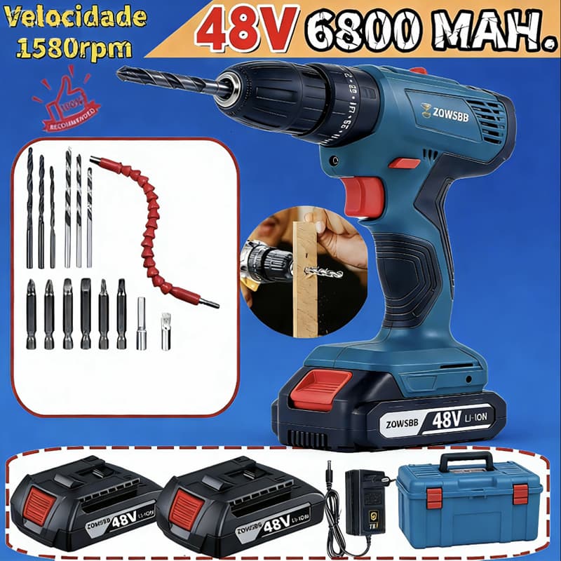 ZOWSBB Parafusadeira Furadeira Elétrica 48V Sem Fio Impacto Furadeira Bivolt 2Baterias 3funções 11Acessórieos