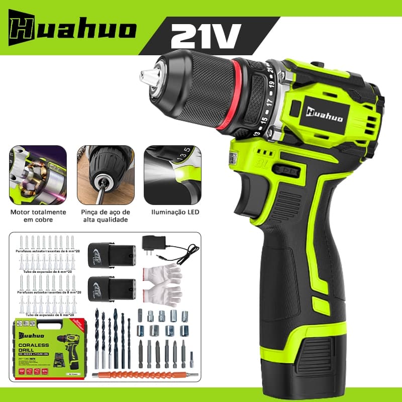 【110V/220V】Parafusadeira Furadeira 21V 2 Baterias Sem Fio Impacto Com Maleta Completo