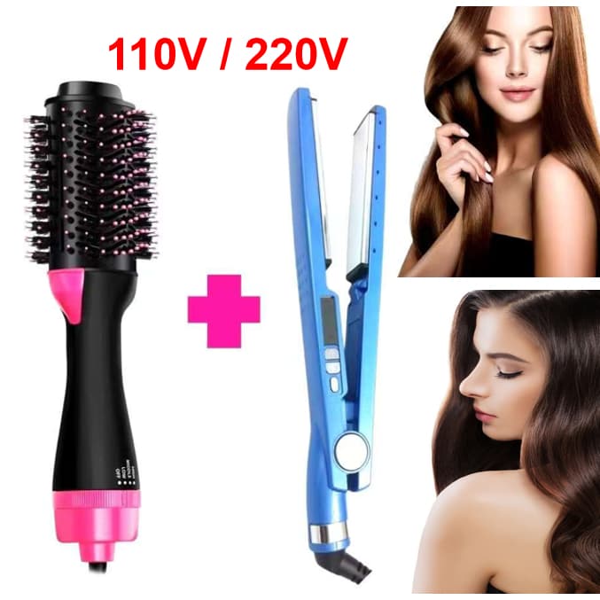 Kit Escova Rotativa para Cabelo Secador e Chapinha 2 em 1 110V/220V+ Chapinha Multi-temperaturas
