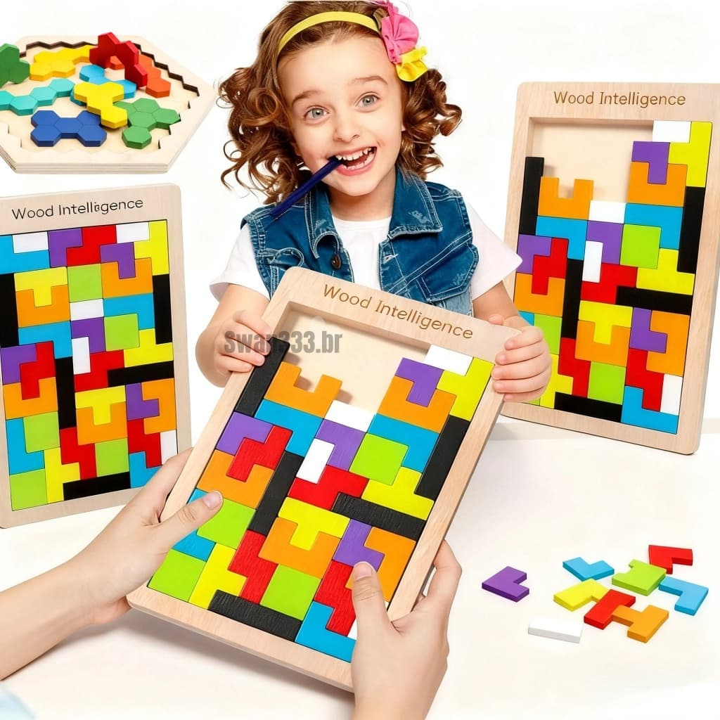 Brinquedo Montessori Tabuleiro Tetris Quebra cabeça 3D Tangram de madeira Mdf jogos educativos pedagógicos