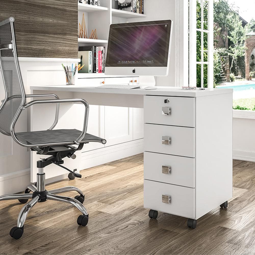Escrivaninha Para Computador Office Em Mdp 25mm Com 4 Gavetas Dubai Branco Brilhante Lukaliam Moveis