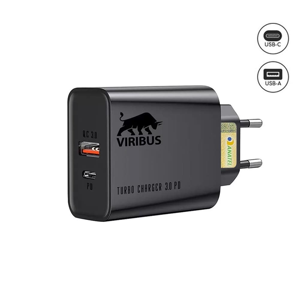 Fonte Carregador Turbo 20w Usb + Type-c Pd Qc 3.0 Quick Charger 110v / 240v - Viribus
